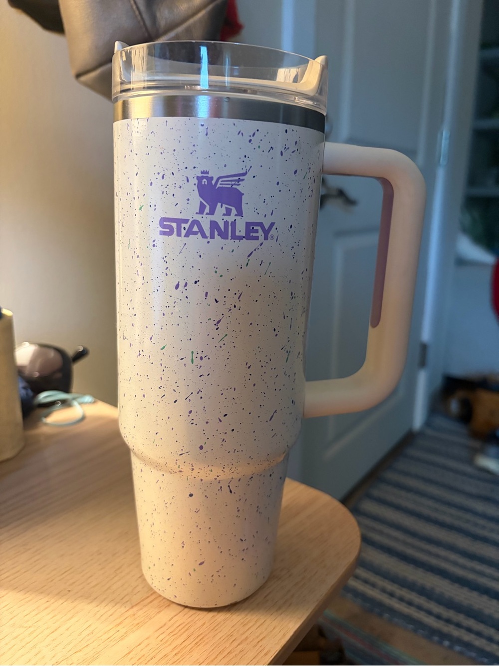 Stanley White and Purple speckle travel tumbler